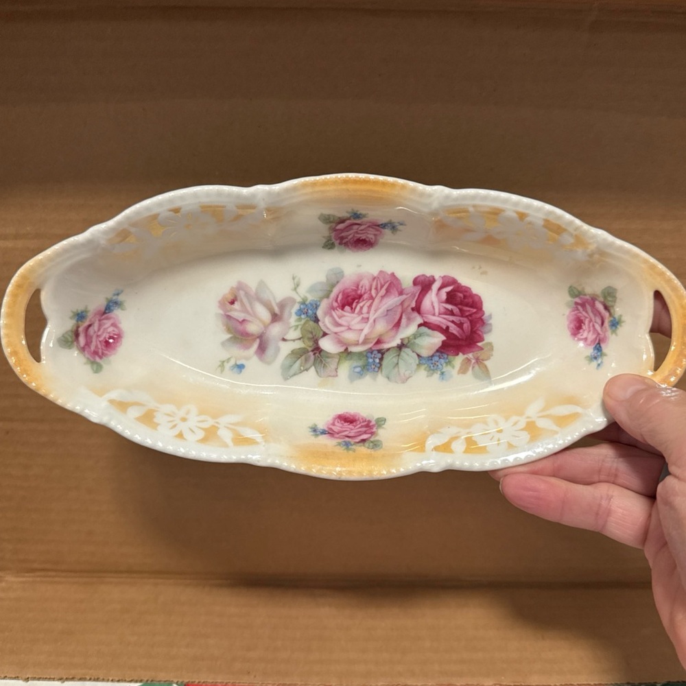 GERMANY Porcelain Pink & White Roses Gold Lustre 9" OVAL RELISH